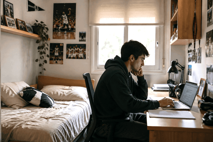 Jeune adulte travaillant sur un ordinateur portable dans sa chambre d’enfance, avec lit simple et posters au mur, illustrant la difficulté à quitter le domicile parental.