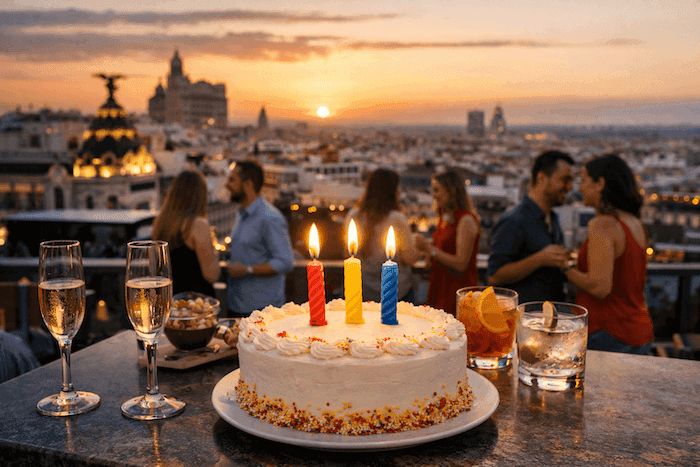 Gâteau d’anniversaire avec trois bougies allumées sur un rooftop à Madrid au coucher du soleil, avec des invités en arrière-plan et une vue panoramique sur Madrid.