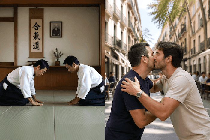 Deux scènes côte à côte : à gauche, deux pratiquants d’aïkido s’inclinent en silence dans un dojo japonais ; à droite, deux hommes se saluent par une bise dans une rue animée en Espagne, illustrant deux codes culturels du respect.