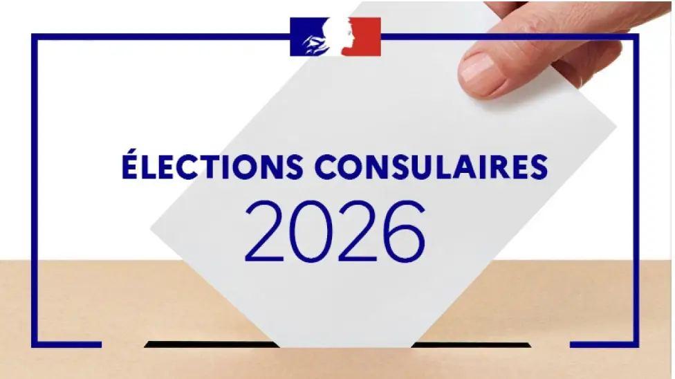 image avec un drapeau français au dessus et une inscription: élections consulaires 2026