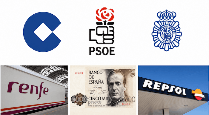 Montage de logos et images emblématiques créés par José María Cruz Novillo : Correos, PSOE, Policía Nacional, Renfe, billet de pesetas et station Repsol.