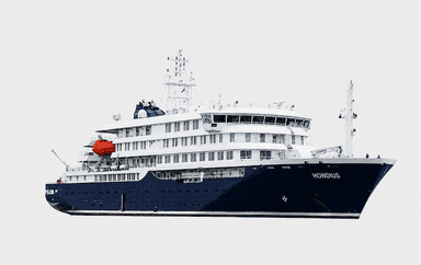 Le navire d’expédition MV Hondius isolé sur fond neutre, vu de profil.
