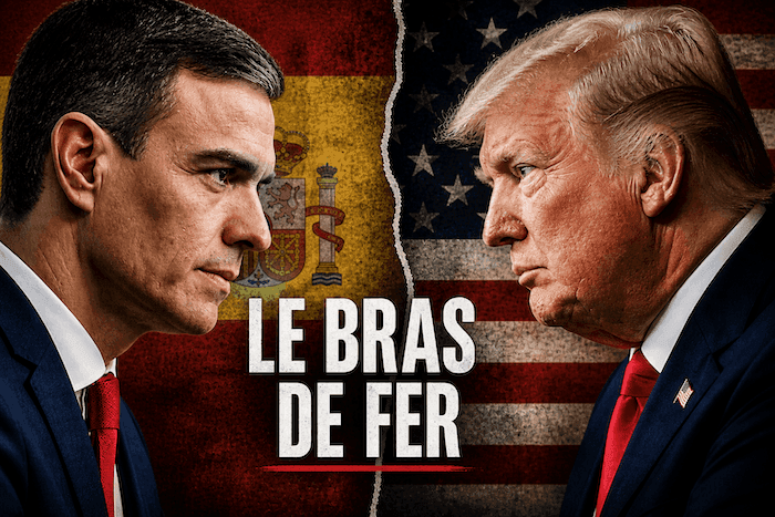 Pedro Sánchez et Donald Trump face à face sur fond de drapeaux espagnol et américain, illustrant un bras de fer diplomatique.