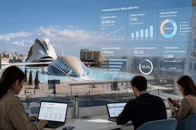 Vue panoramique de la Cité des arts et des sciences de Valence avec des citoyens consultant des données publiques sur des écrans numériques, illustrant la transparence et l’administration ouverte de la Communauté valencienne.