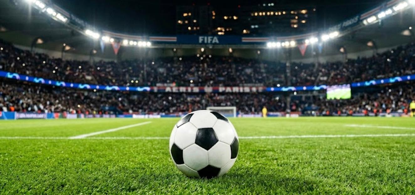 Un ballon de football sur un stade éclairé représentant les matchs FIFA 2026