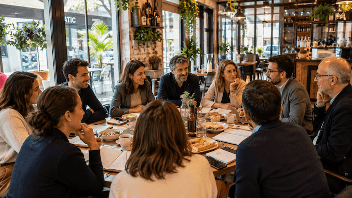 Des professionnels échangent autour d'un déjeuner networking organisé dans un café de Barcelone, dans une ambiance conviviale et collaborative.
