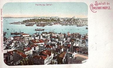 Carte postale ottomane colorisée représentant la Pointe du Sérail à Constantinople au début du XXe siècle
