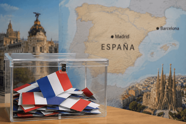 Une urne électorale transparente remplie de bulletins aux couleurs françaises est posée au premier plan. En arrière-plan apparaissent une carte de l’Espagne ainsi que des vues emblématiques de Madrid et Barcelone, illustrant les élections consulaires des Français établis en Espagne.