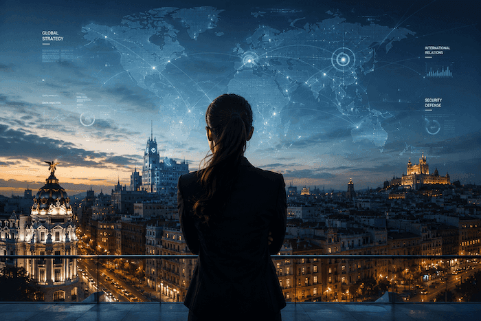 Silhouette d’une femme observant Madrid depuis une terrasse en hauteur, face à une carte du monde numérique projetée dans le ciel. L’image symbolise le leadership féminin, la diplomatie, la géopolitique et les relations internationales dans un contexte globalisé.