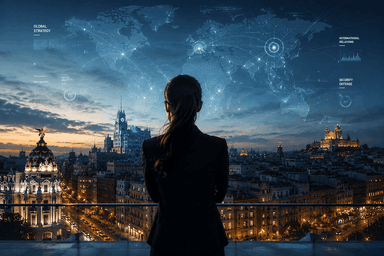 Silhouette d’une femme observant Madrid depuis une terrasse en hauteur, face à une carte du monde numérique projetée dans le ciel. L’image symbolise le leadership féminin, la diplomatie, la géopolitique et les relations internationales dans un contexte globalisé.