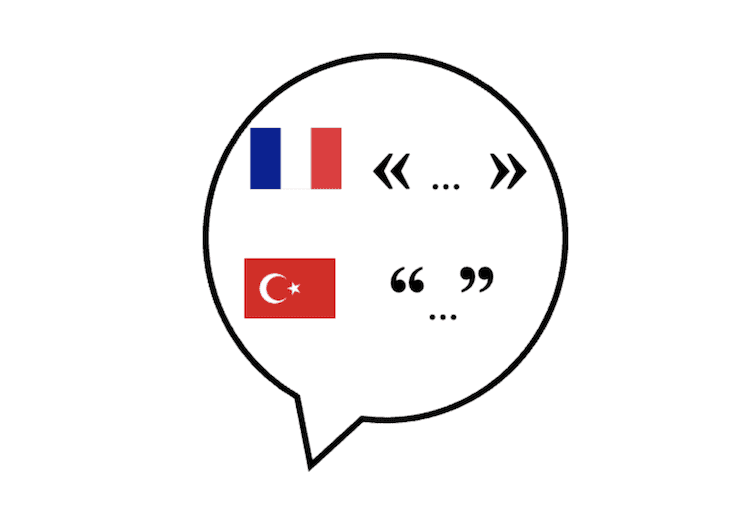 Illustration des différences de ponctuation entre le français et le turc avec drapeaux français et turc et signes typographiques.