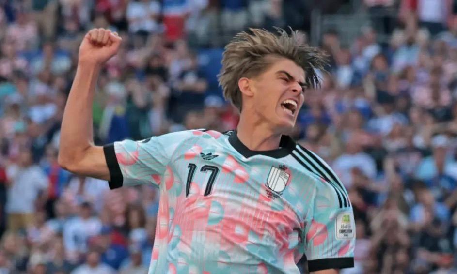 Belgium’s Charles De Ketelaere celebrates after scoring in the first half against the U.S. at the World Cup on Monday in Seattle. (Robert Gauthier / Los Angeles Times)