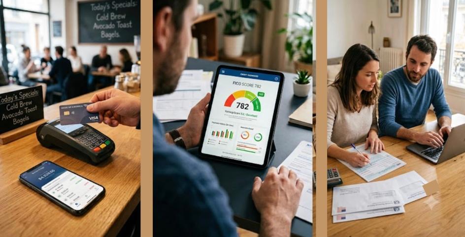 Une carte bancaire, un appilcation pour le credit score et deux personnes qui remplissent un formulaire des impots américains aux États-Unis