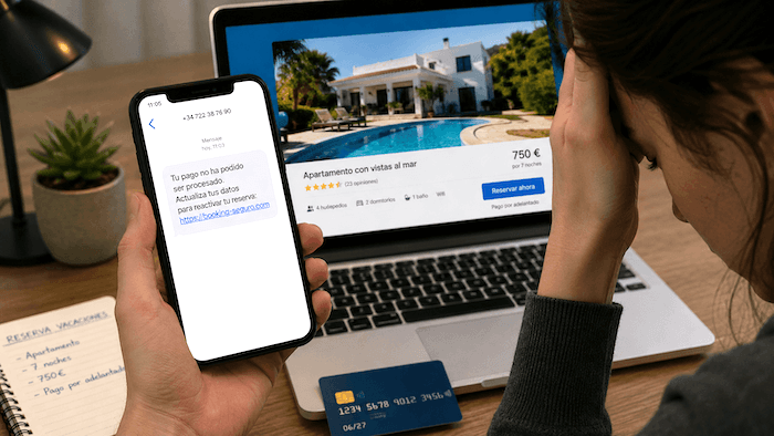 Personne inquiète consultant un SMS frauduleux sur son smartphone devant un ordinateur affichant une réservation de location de vacances, avec une carte bancaire posée sur le bureau.