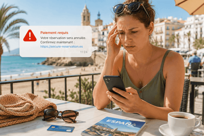 Une touriste consulte un SMS frauduleux sur son smartphone en terrasse face à la mer en Espagne, illustrant les arnaques numériques aux réservations de vacances.