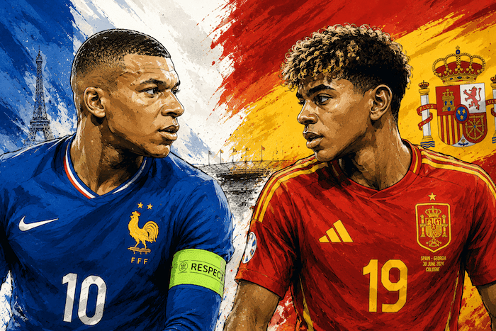 une image type dessin presse en couleurs avec Mbappé et Lamine Yamal sur un fond de drapeaux français et espagnol.