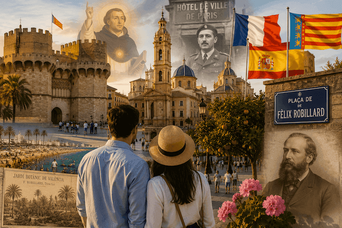 Illustration représentant les liens historiques entre la France et Valence, avec les Torres de Serranos, la cathédrale de Valence, les drapeaux français, espagnol et valencien, ainsi que des références à saint Vincent Ferrier, Félix Robillard et Amado Granell.