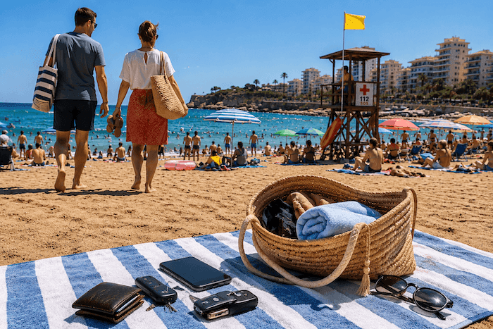 Un couple de touristes laisse ses effets personnels sur une plage espagnole bondée avant d'aller se baigner, une erreur fréquente pendant les vacances en Espagne.