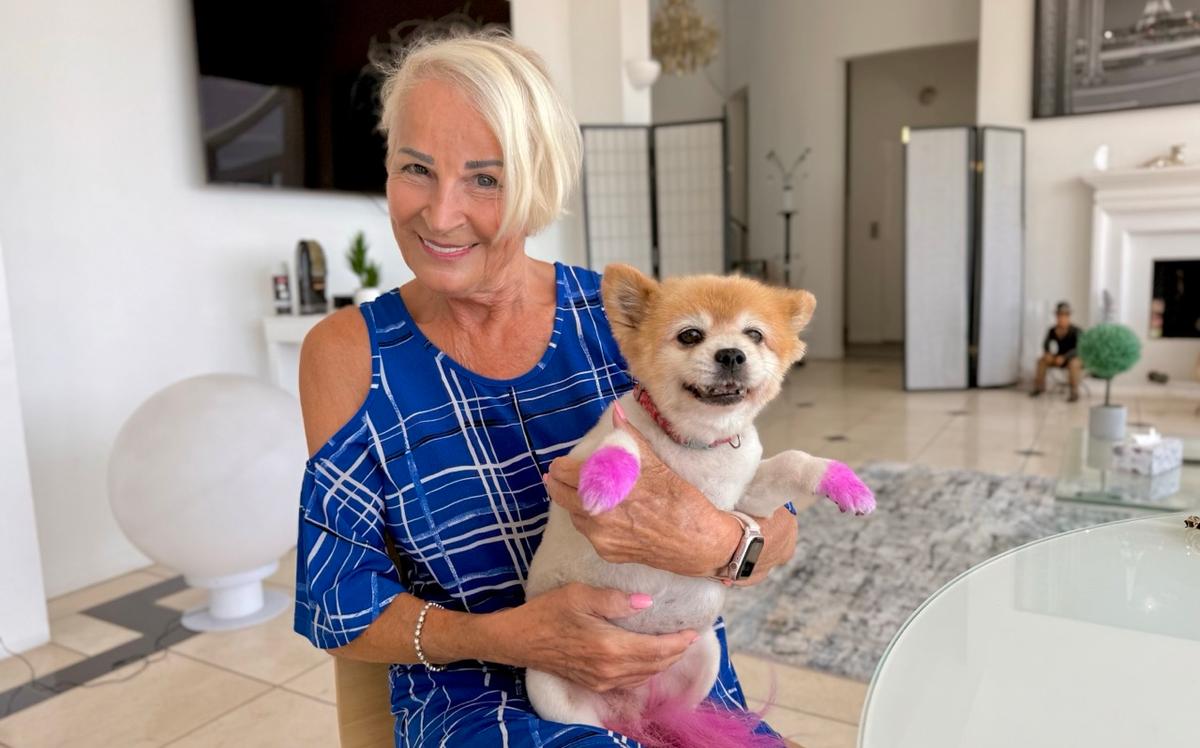 Josette Leblond with her Pomeranian Moca, in her Los Angeles home