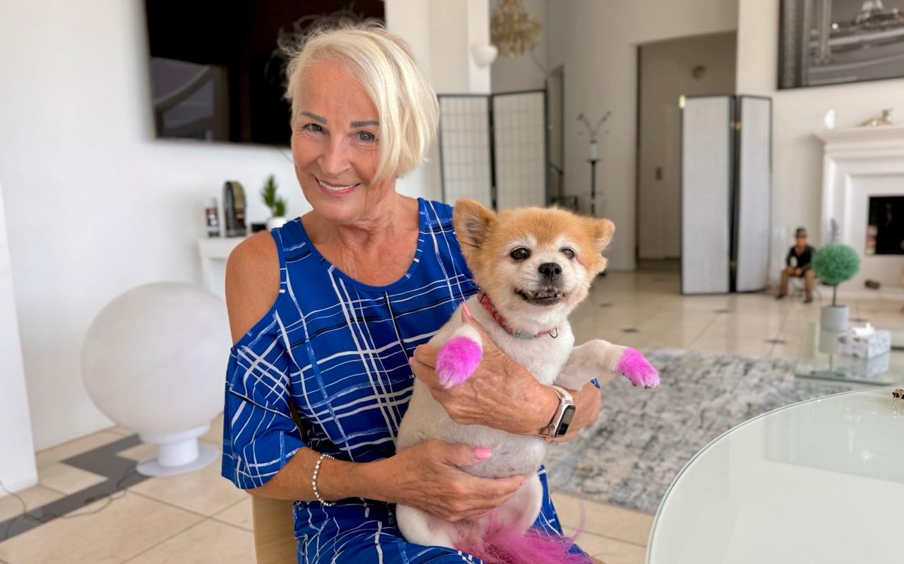Josette Leblond with her Pomeranian Moca, in her Los Angeles home