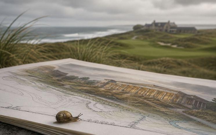 Illustration d’un minuscule escargot sur des plans architecturaux devant les dunes de Doonbeg