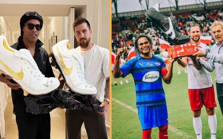 À gauche : Cavart et Ronaldinho ; à droite : le trophée de Mecz Gwiazd dans les mains de Christian Karembeu, Zbigniew Boniek et Grzegorz Krychowiak