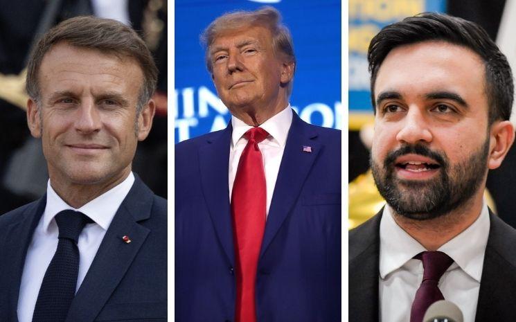Photo d'Emmanuel Macron, président de la France, de Donald Trump président américain et de Zohran Mamdani,maire de New York.