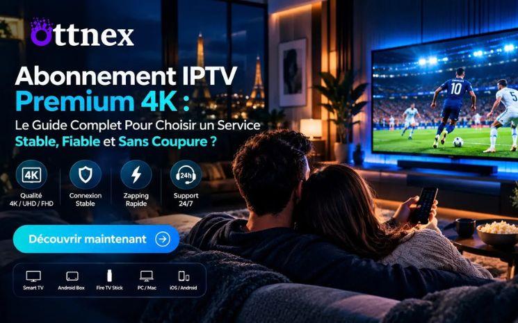 Abonnement IPTV et iptv premium sur une télévision 4K OLED, affichant une qualité d'image parfaite dans un salon moderne.