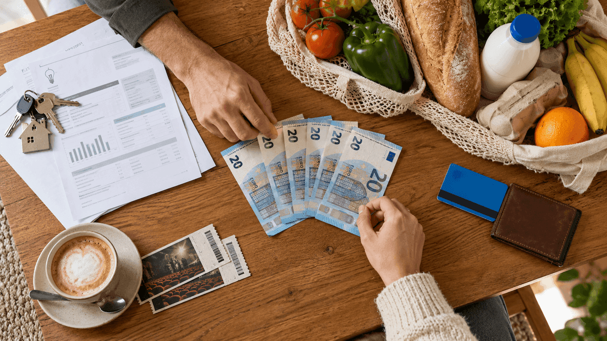 Budget d’un ménage espagnol représenté par un billet de 100 euros entouré de courses, de factures, de clés et de loisirs.