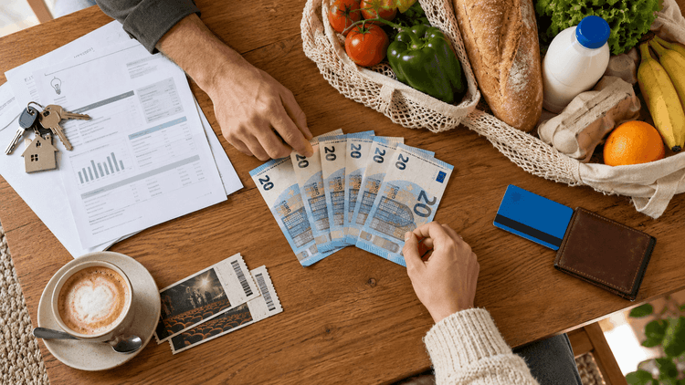 Budget d’un ménage espagnol représenté par un billet de 100 euros entouré de courses, de factures, de clés et de loisirs.