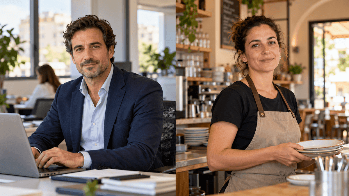Cadre dans un bureau et employée de restaurant en Espagne, illustrant les écarts de salaire selon les métiers.