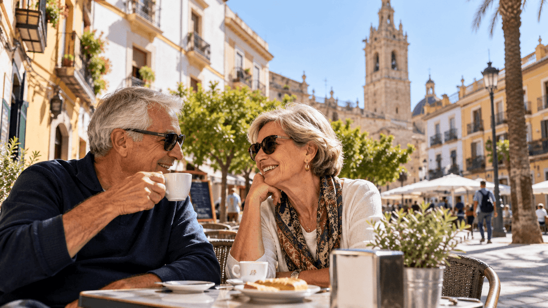 Un couple de retraités prend un café en terrasse sur une place ensoleillée d’une ville espagnole, entourée d’immeubles aux façades méditerranéennes.