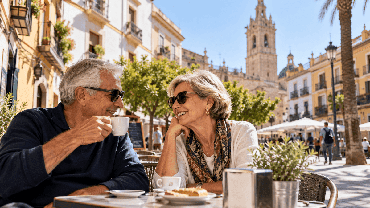 Un couple de retraités prend un café en terrasse sur une place ensoleillée d’une ville espagnole, entourée d’immeubles aux façades méditerranéennes.