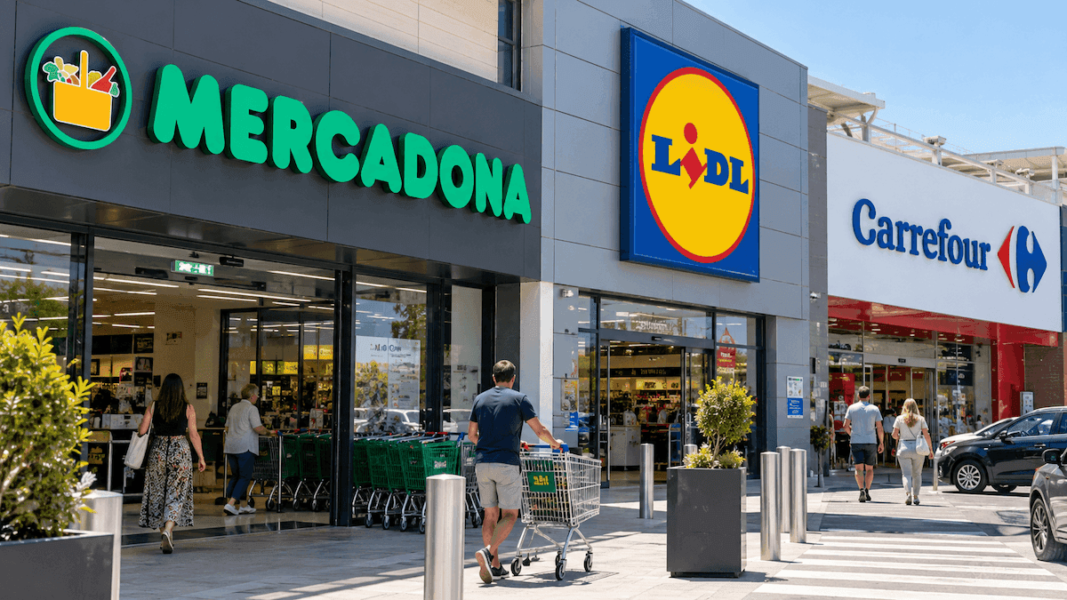 Façade de supermarché en Espagne avec enseignes visibles, illustrant les ouvertures possibles de Mercadona, Lidl et Carrefour le 12 octobre.