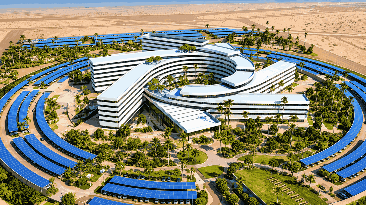 Vue aérienne du siège des Nations unies à Diamniadio, entouré de panneaux solaires et d’espaces paysagers.