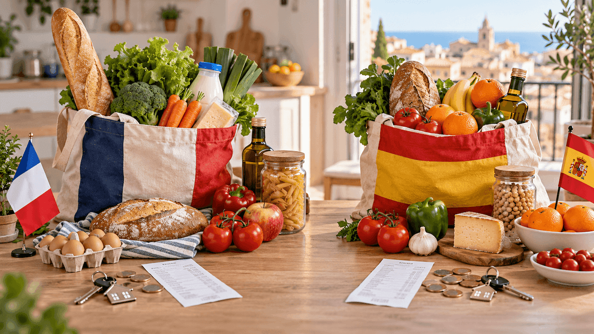 Deux paniers de courses aux couleurs de la France et de l’Espagne, avec produits alimentaires, tickets de caisse, pièces en euros et clés de logement, pour comparer le coût de la vie.