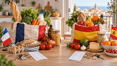Deux paniers de courses aux couleurs de la France et de l’Espagne, avec produits alimentaires, tickets de caisse, pièces en euros et clés de logement, pour comparer le coût de la vie.