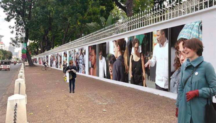 Beat Streuli, Espaces communs, présences singulières, 2026. Simulation de l’installation pour le mur de l’Ambassade de France au Cambodge.