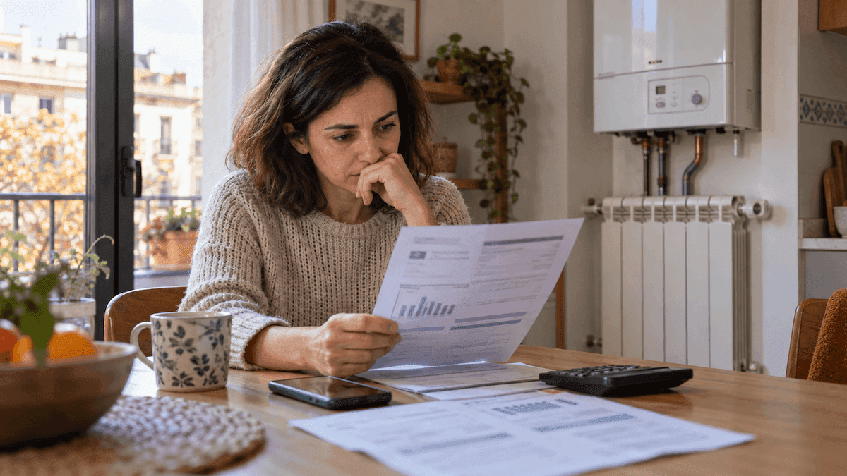 Une femme consulte sa facture de gaz chez elle, inquiète, devant une chaudière et un radiateur, en Espagne.