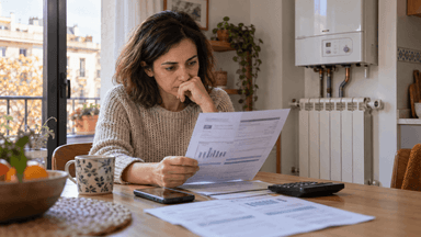 Une femme consulte sa facture de gaz chez elle, inquiète, devant une chaudière et un radiateur, en Espagne.