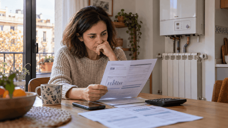Une femme consulte sa facture de gaz chez elle, inquiète, devant une chaudière et un radiateur, en Espagne.