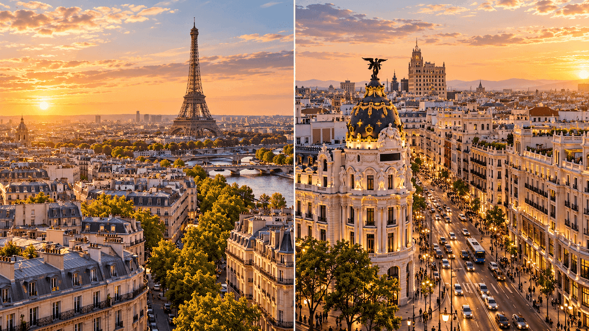 Vue panoramique de Paris et Madrid côte à côte, avec la tour Eiffel et la Gran Vía, illustrant le renversement des taux d'emprunt entre la France et l'Espagne en 2026.
