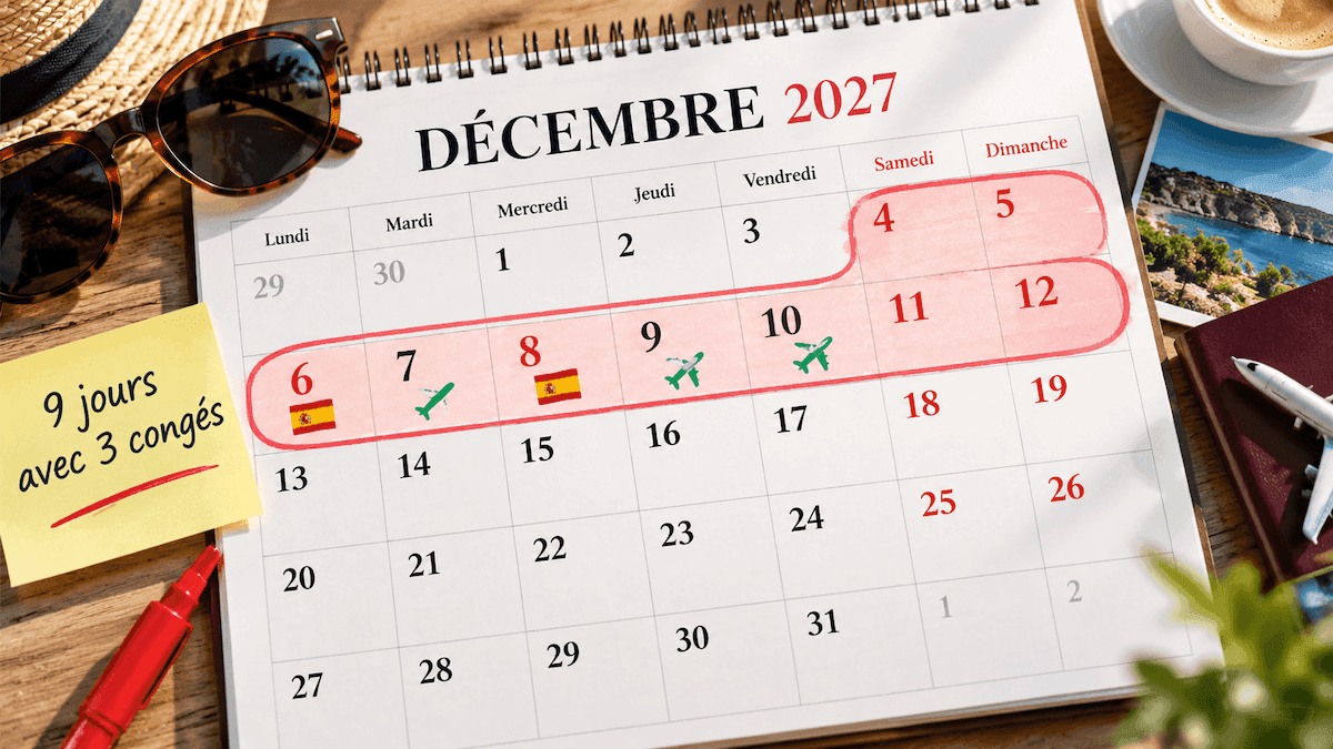 Calendrier de décembre 2027 en Espagne, avec les jours fériés des 6 et 8 décembre et les trois jours de congé à poser pour profiter de neuf jours de repos consécutifs, du 4 au 12 décembre.