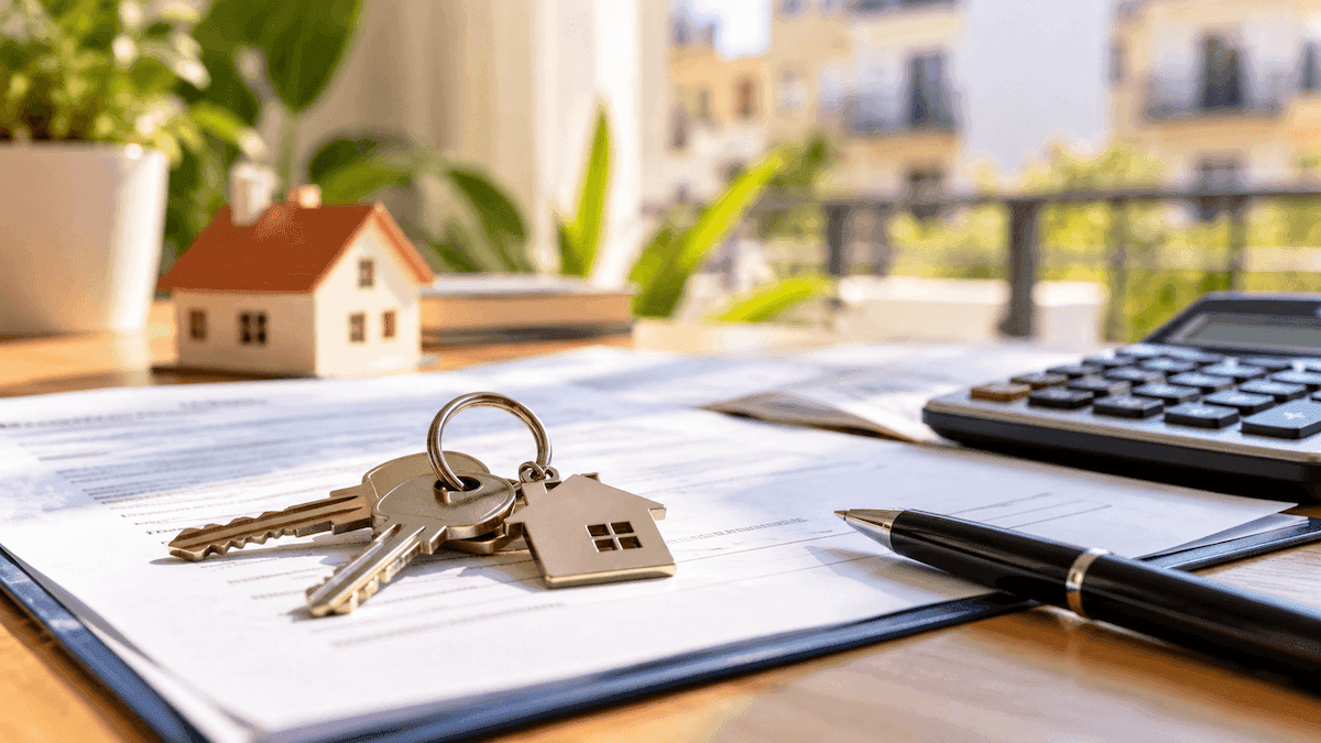 Clés de logement posées sur un contrat de location, avec une calculatrice et des documents fiscaux illustrant la déduction d’impôt sur les loyers en Espagne.