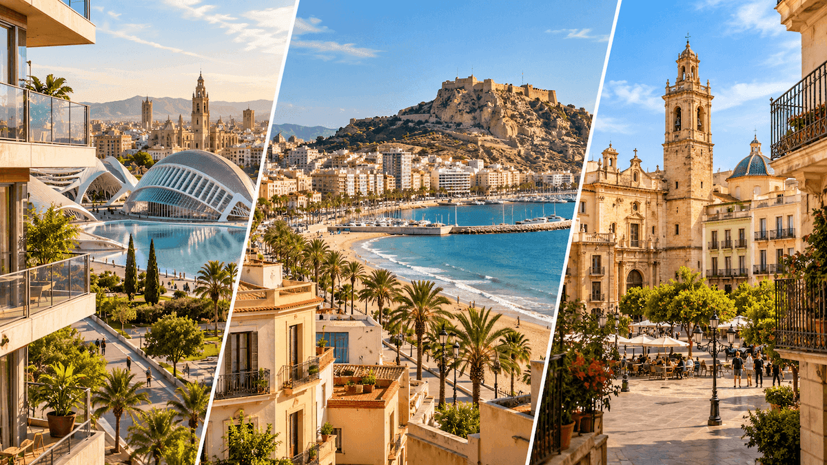 Montage panoramique des villes de Valence, Alicante et Castellón, dans la Communauté valencienne, pour illustrer une comparaison du coût de la vie avec 2 000 euros par mois.