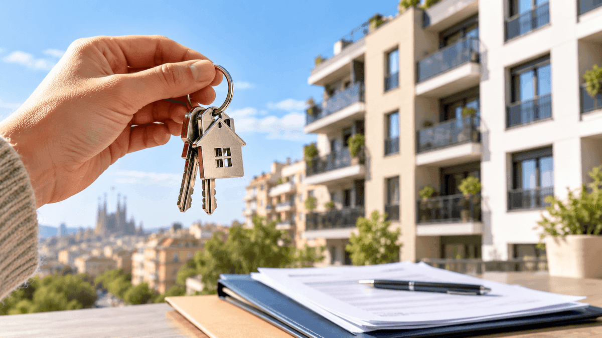 Des clés de logement devant un immeuble résidentiel en Espagne, avec un dossier de prêt immobilier au premier plan.