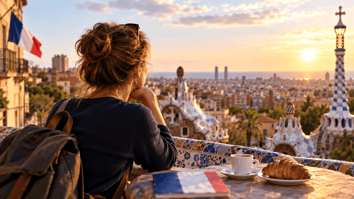 Une Française expatriée contemple Barcelone depuis le parc Güell, avec un carnet aux couleurs de la France, illustrant le dilemme du retour au pays.