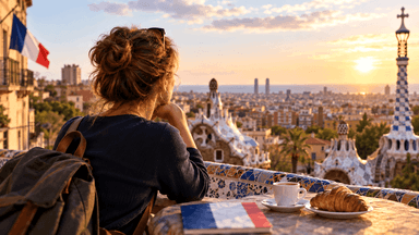 Une Française expatriée contemple Barcelone depuis le parc Güell, avec un carnet aux couleurs de la France, illustrant le dilemme du retour au pays.