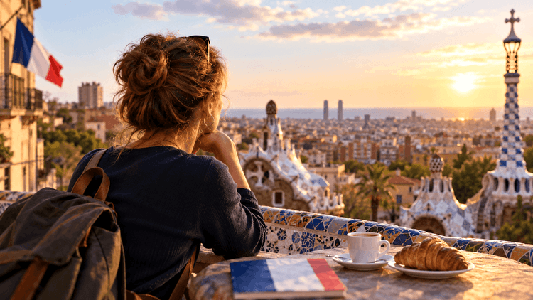 Une Française expatriée contemple Barcelone depuis le parc Güell, avec un carnet aux couleurs de la France, illustrant le dilemme du retour au pays.