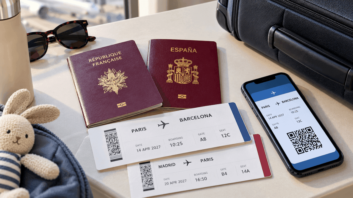 Deux passeports français et espagnol, des cartes d’embarquement Paris-Barcelone et Madrid-Paris, un téléphone et une valise, pour illustrer les nouvelles règles des vols France-Espagne en 2027.